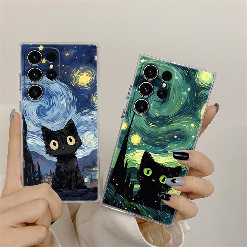 Retro Oil Painting Starry Sky Cat Clear Case For Samsung Galaxy S26 S25 S24 S23 Ultra S20 S21 FE S22 Plus S26 Ultra Phone Cover
