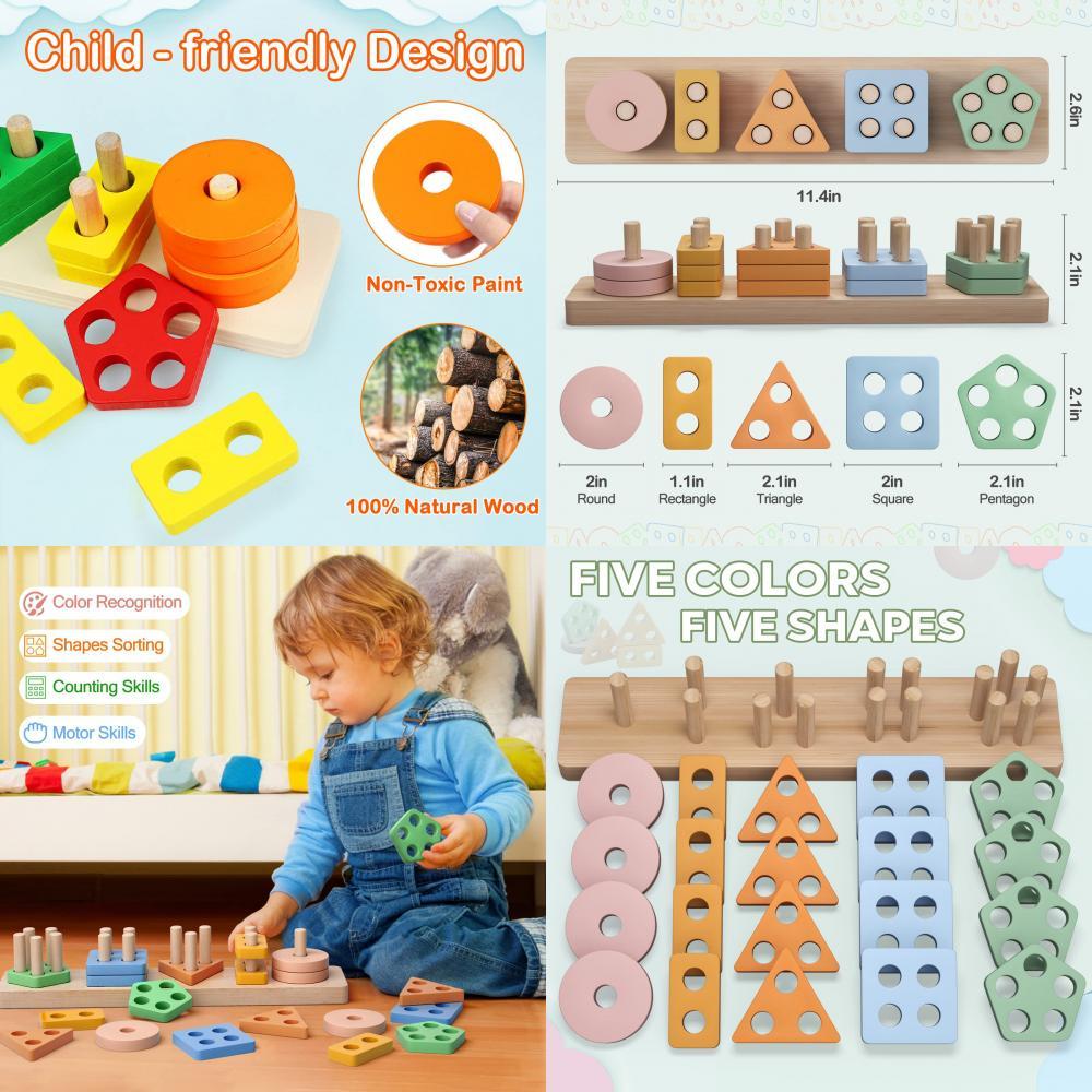 Wooden Geometric Shape Sorting Stacking Early Education Toy For Toddlers Color Recognition And Cognitive Development