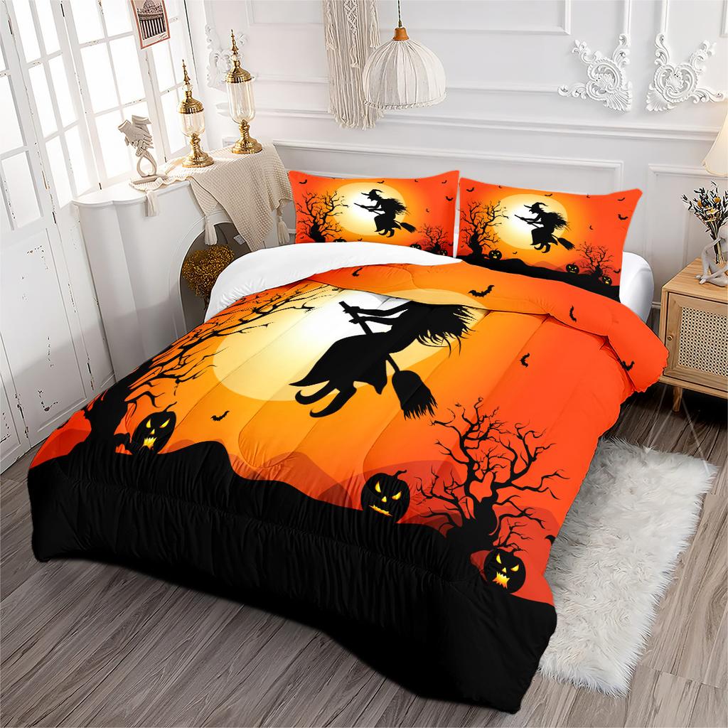 Halloween Digital Printing Bedding Feather Silk Cotton Quilt Night Sky Pumpkin Head Quilt Cover Three-piece Set