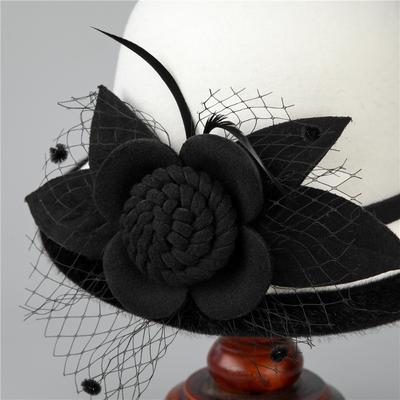 Hat Women's Autumn and Winter Warm Woolen Hat Temperament Dome Top Hat Elegant Retro Mesh Flower Fashion Hat