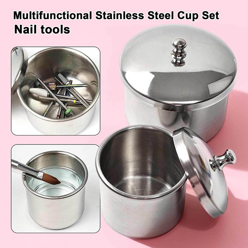 

2Pcs/Set Manicure Acrylic Liquid Powder Stainless Steel Container Tray Dappen Dish Disinfectant Cup With Lid Nail Art Tool one size