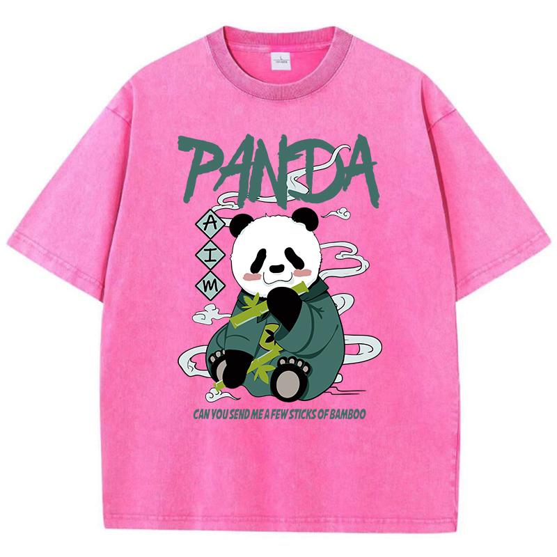 Oversized Women Washed T-Shirts Kawaii Cartoons Panda Printed Tee Shirts Distressed Crewneck Cotton Tees Clothes