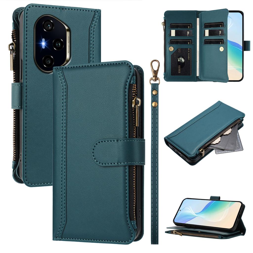 For Honor 400 5G (Global) Leather Case 9 Card Slots Zipper Wallet Stand Phone Cover with Wrist Strap