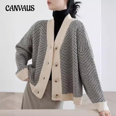 Cardigan da donna retrò in maglia autunnale e invernale di grandi dimensioni, a righe, con scollo a V, giacca larga e spessa