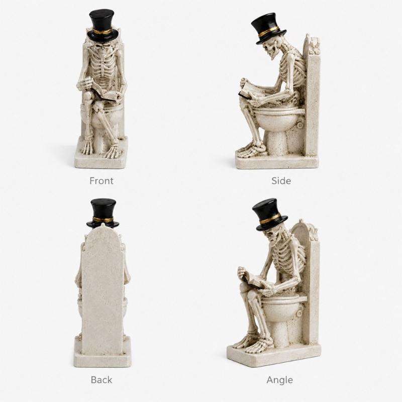 Shelf Display Skull Reader Figure for Desk Accent, Toilet Seat Book Scene, and Dark Humor Room Theme Presentation Piece for Seasonal Use