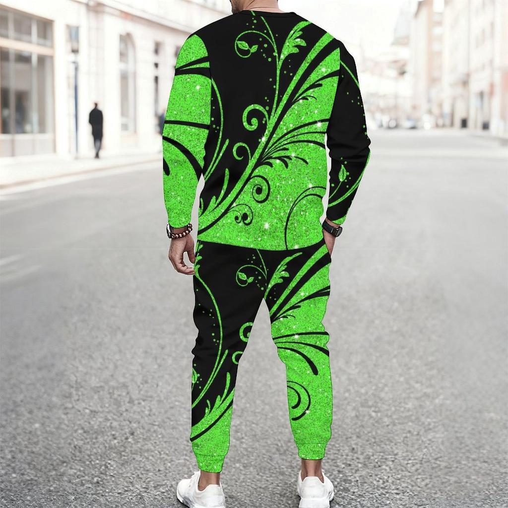 Men Black Blue Bohemian Mandala Partial Print Long Sleeve Sweatshirt Jogger Pants Two Piece Suit