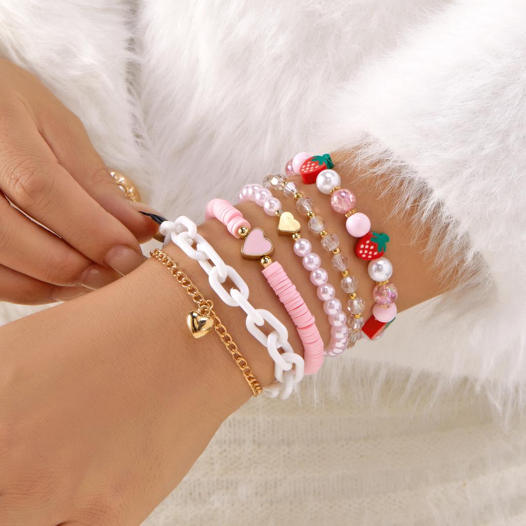 Cute Y2K Strawberry Heart Multilayer Bracelet for Women Girl Pink Polymer Clay Heshi Beads Crystal Chains Set Party Jewelry Gift