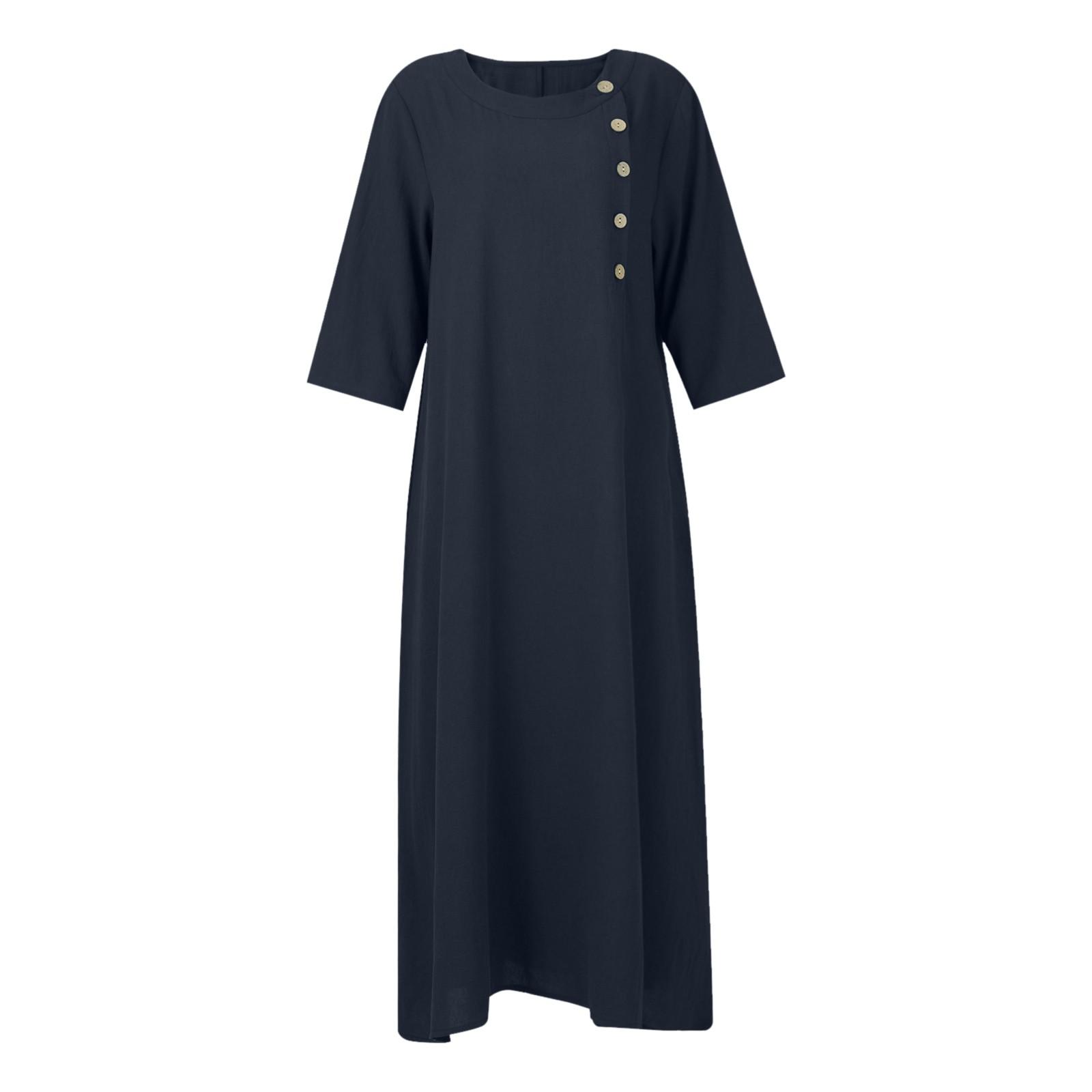 Женское модное однотонное винтажное хлопково-льняное длинное платье с круглым вырезом — фото 5