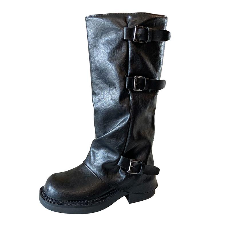 25-922 retro thick heel mid boots knight boots 2025 spring and autumn new thin pile small short boots niche women's shoes