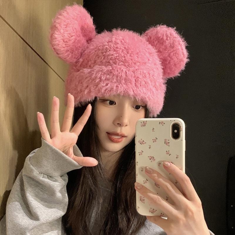 Furry Cartoon Bear Hat with Lovely Ear for Outdoor Sports Furry Hat with Ear Oversized Headgear Hat for Winter