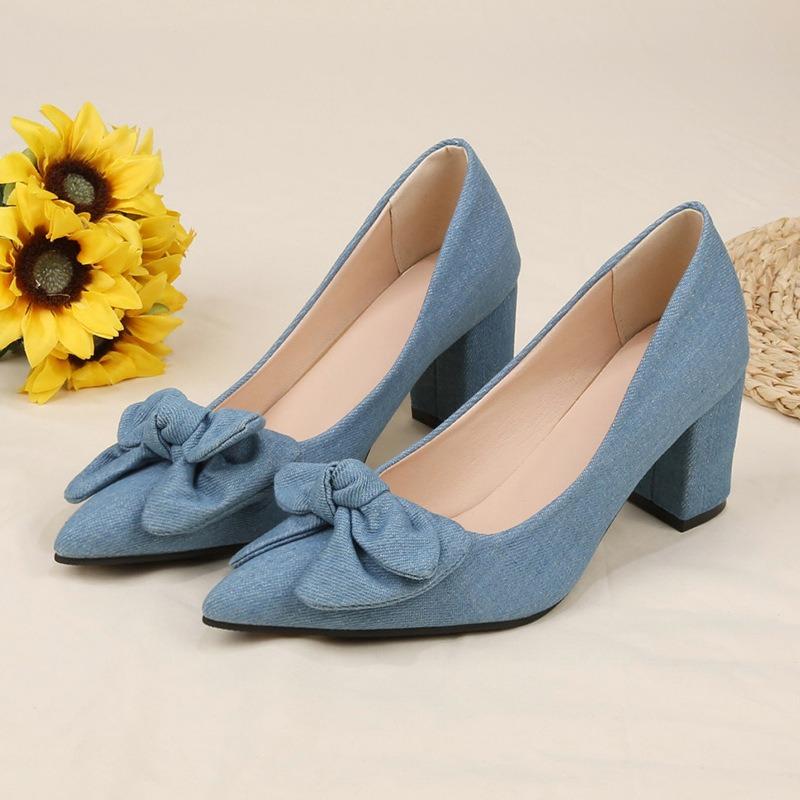 Large size high heels women's spring and autumn new thick heels women's shoes shallow mouth pointed head bow fashion shoes