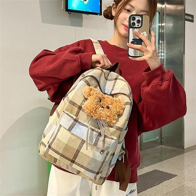 Cute Sweet Bear Plaid Backpack High-Capacity Schoolbag  Delicate Personality Trend Student Bag Girl Light Travel Bag Gift