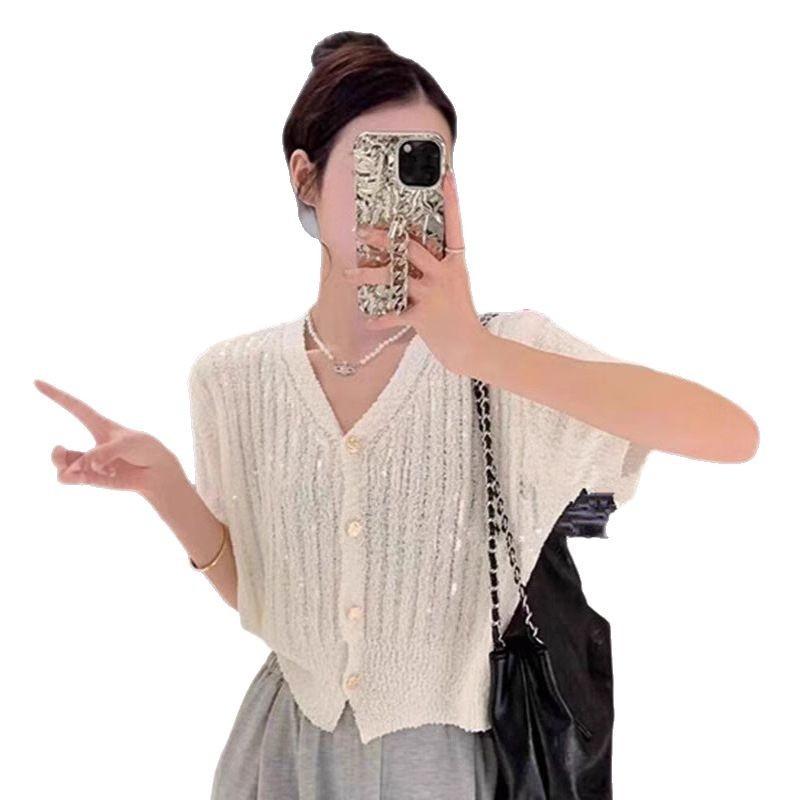 Short-sleeved sequined knitted cardigan spring and summer new design thin sweater jacket women