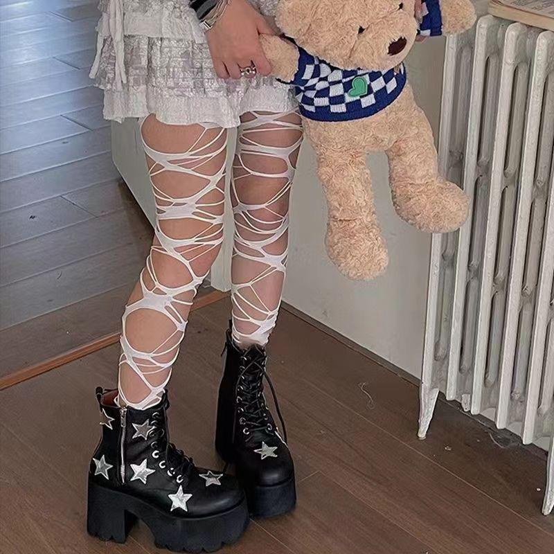 Women's Black Punk Gothic Fishnet Ripped Stockings - Y2K Millennium Hot Girl Base Layer Pantyhose