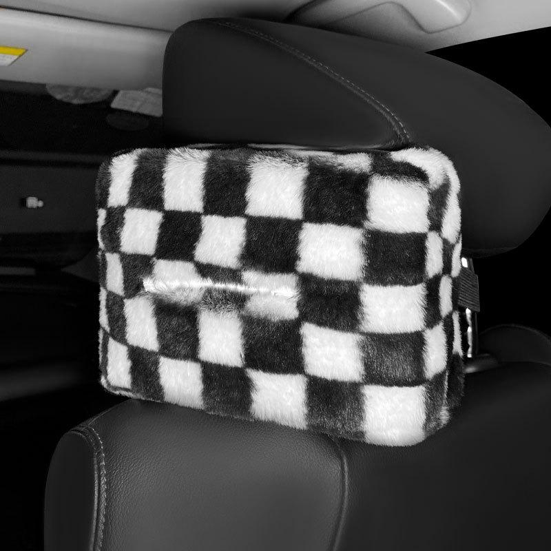 Cute Chessboard Grid Plush  Car Headrest Tissue Box Case Paper Tower Holder Auto Visor Hanging Organizer Styling Car Accessories