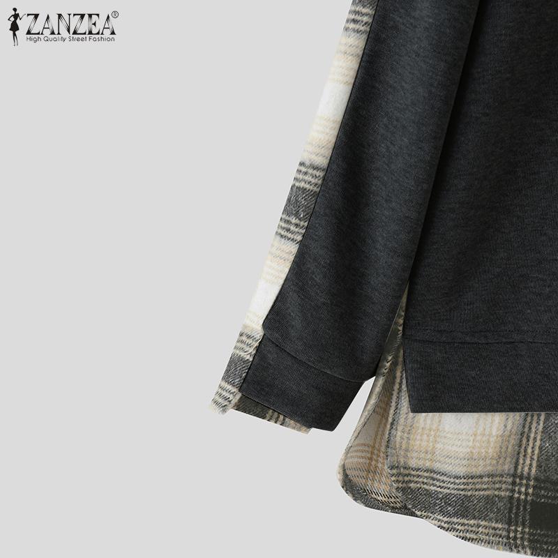 ZANZEA Women Casual Grid Print Patchwork Loose Long Sleeve Hoodies Pullover