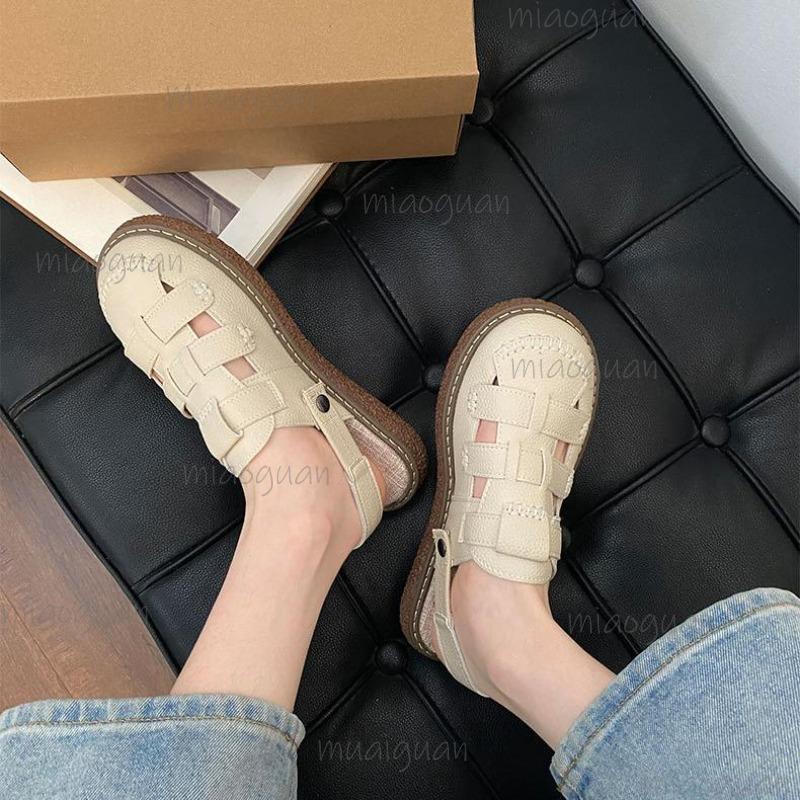 Fashion Vintage Hollow Out Back Strap Gladiator Sandals Classic Round Toe Low Heel Sandals Soft Thick Bottom Non Slip Mom's Shoes