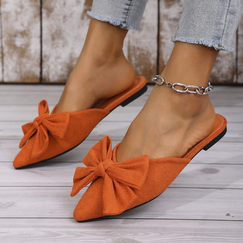 Plus Size Women's Spring and Summer New Pointed Low Heel Slippers Bow Suede Block Heel Women's Shoes