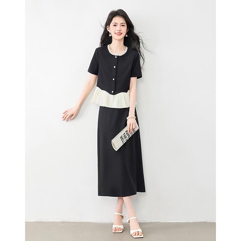 Elegant Patchwork Short Sleeve Top and Skirt Set