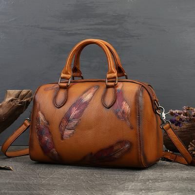 Feather Embossed Genuine Leather Women's Bag Casual Fashion Women's Handbag Top Layer Cowhide Pillow Bag Crossbody Bag