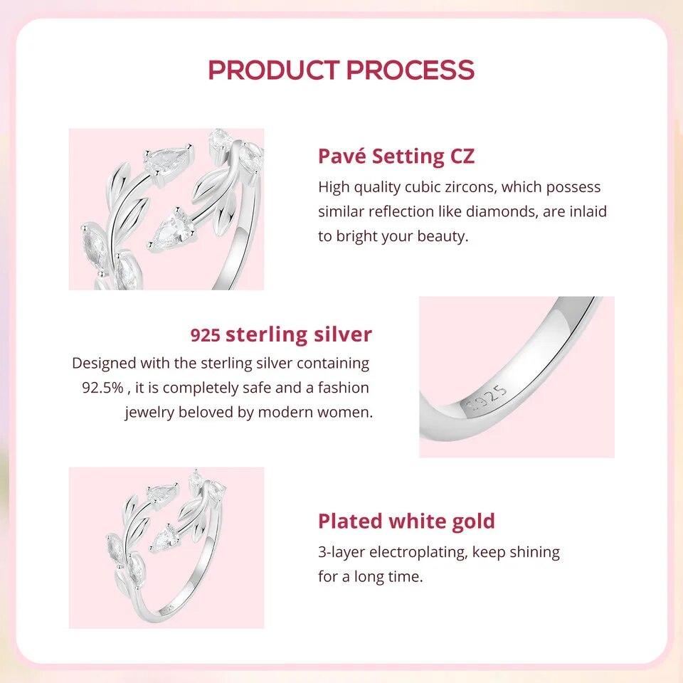 WOSTU 925 Sterling Silber Blattförmige Öffnung Ring Für Frauen Voll Glänzend Zirkon Blätter Stapelbar Party Mädchen Ringe Koreanische Schmuck