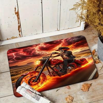 Flame Skull Riding Motorcycle Printed Welcome Door Mat Non-Slip Absorbent Machine Washable Rug for Kitchen Living Room Floor Mat