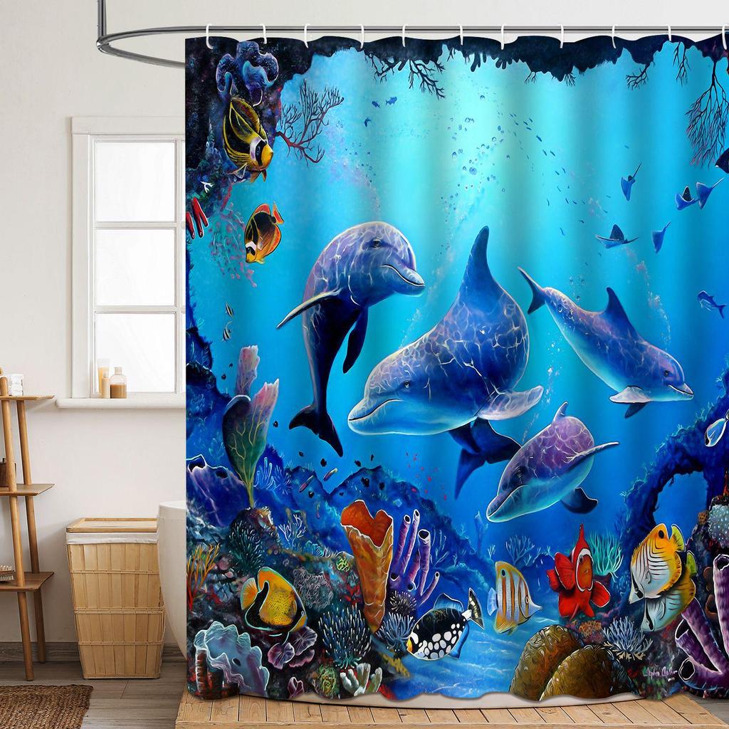 Coastal Marine Shower Curtain: Dolphin, Starfish, Seahorse, Seashell, Sea Turtle - Moisture-Proof, Mildew-Resistant, Waterproof, Beach Bathroom Décor
