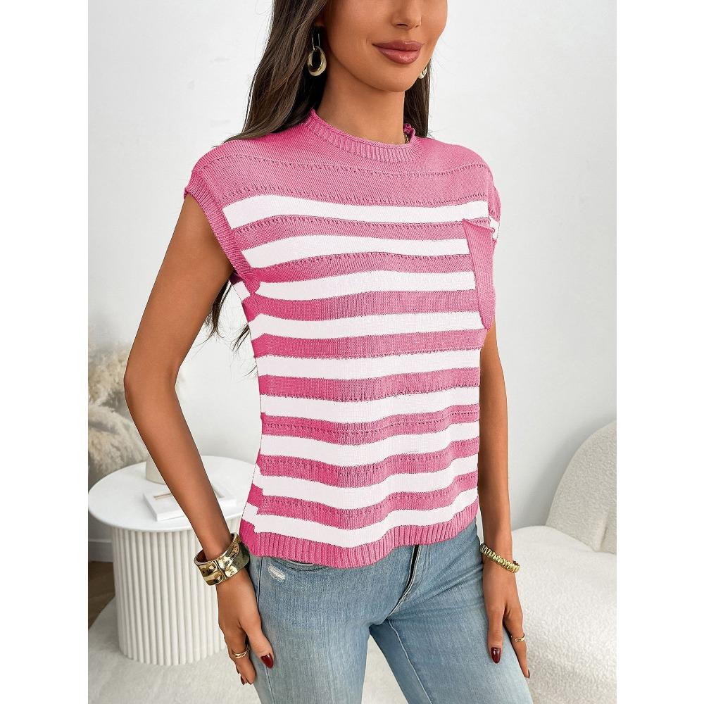 Summer New Women's Round Neck Top Knitted Casual Striped Sweater