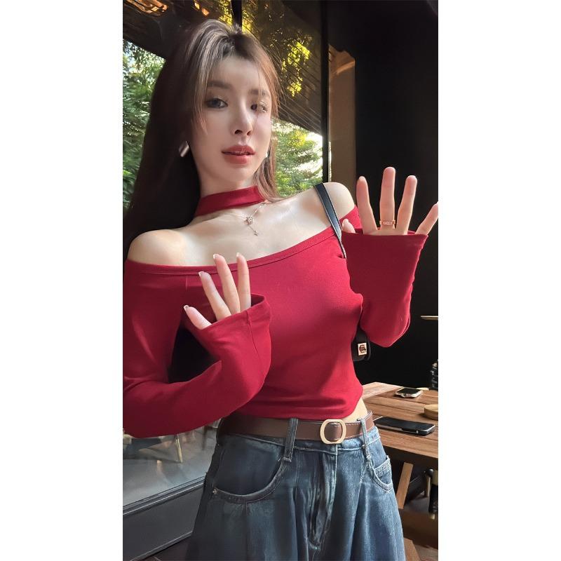 Neue Spice Girl Ein Schulter Langarm Ein Kleid Drei Tragevarianten Schlank Schlank Bequem Schlicht Einfarbig Sexy Bluse Frau