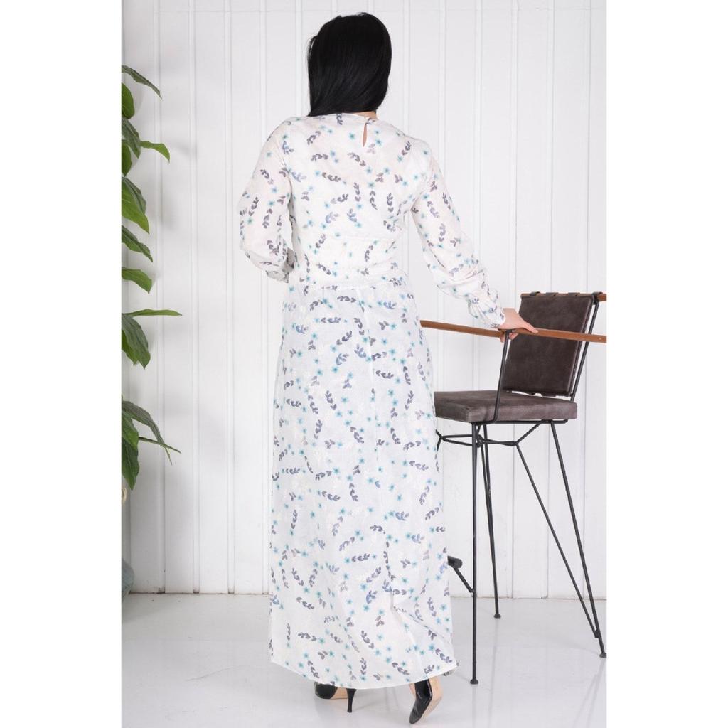 Long Hijab Elastic Waist And Embroidered Dress / Blue Flower Embroidery (brode) Slim Fit Buy A Larger Size