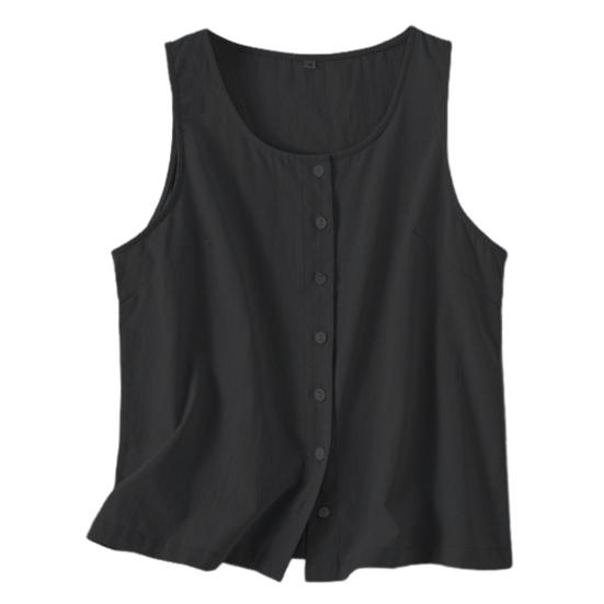 Women Summer Vest Round Neck Sleeveless Loose Fit Tops Solid Color Button Placket Design Tank Tops Streetwear
