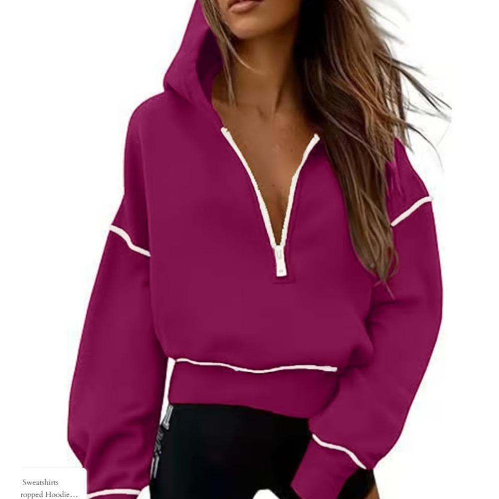 Women's Hood Neck Long Sleeve Half Zip Cropped Hoodie Loose Fit Casual Sweatshirt