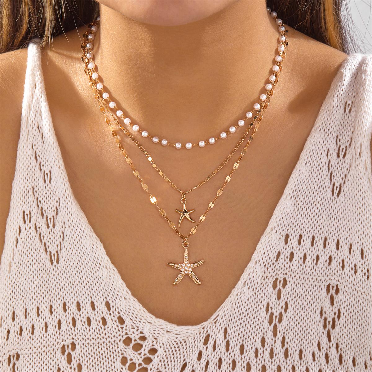 Exquisite Imitation Pearl Starfish Stacking Necklace for Women Bohemian Ocean Elements Charm Choker Summer Beach Party Jewelry
