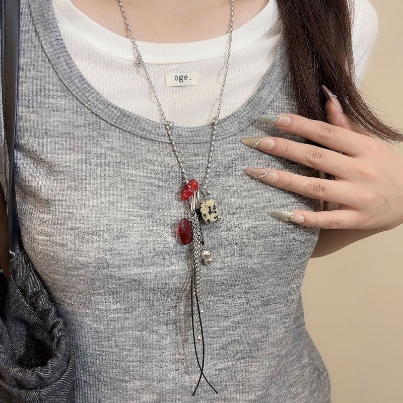 Stained Stone Heart Pendant Long Necklace Sweater Chain Women's Personalized Versatile Collar Chain Accessory