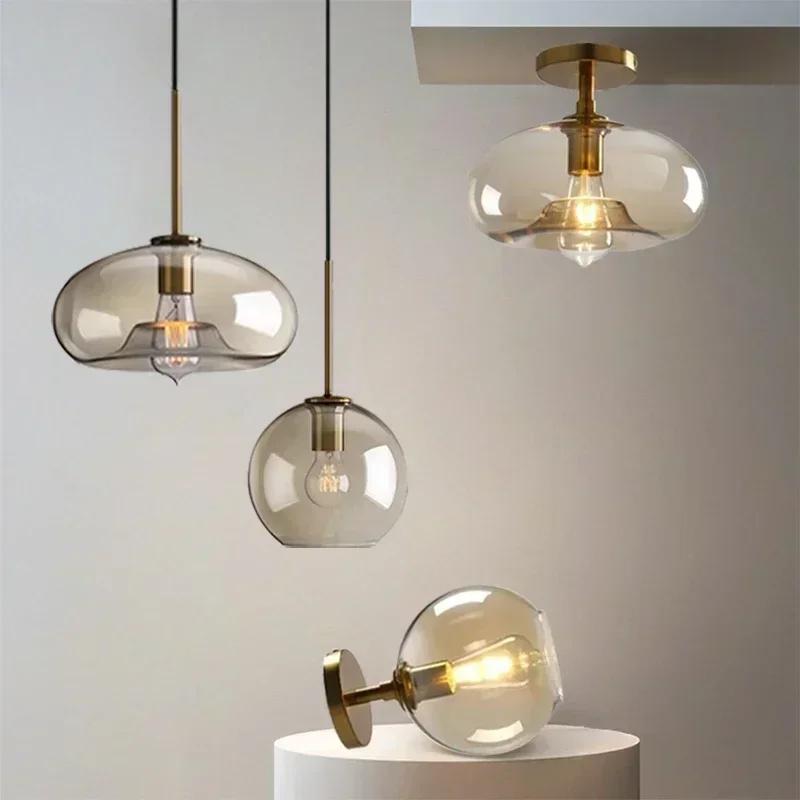 Luminária pendente nórdica LED de vidro de alta qualidade Cabeça dourada Vários formatos de vidroQuarto Sala de estar Restaurante Corredor