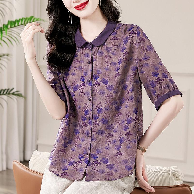 Women's Stylish Vintage Floral Print Linen Shirt Summer Elegant Patchwork Half Sleeve Blouse Ladies Casual Loose Irregular Tops