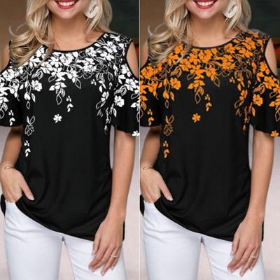 Women T-shirt Round Neck Cold Shoulder Short Sleeve Tee Shirt Loose Fit Flower Print Casual T-shirt Daily Wear
