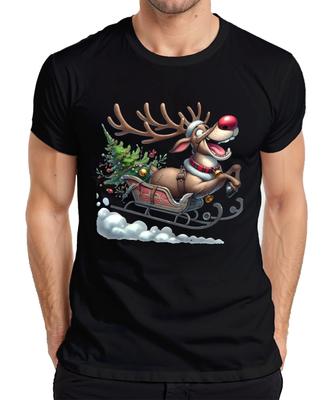 Rudolph Reindeer Sleigh Christmas Tree Bells Cartoon Funny Mens T-Shirt-