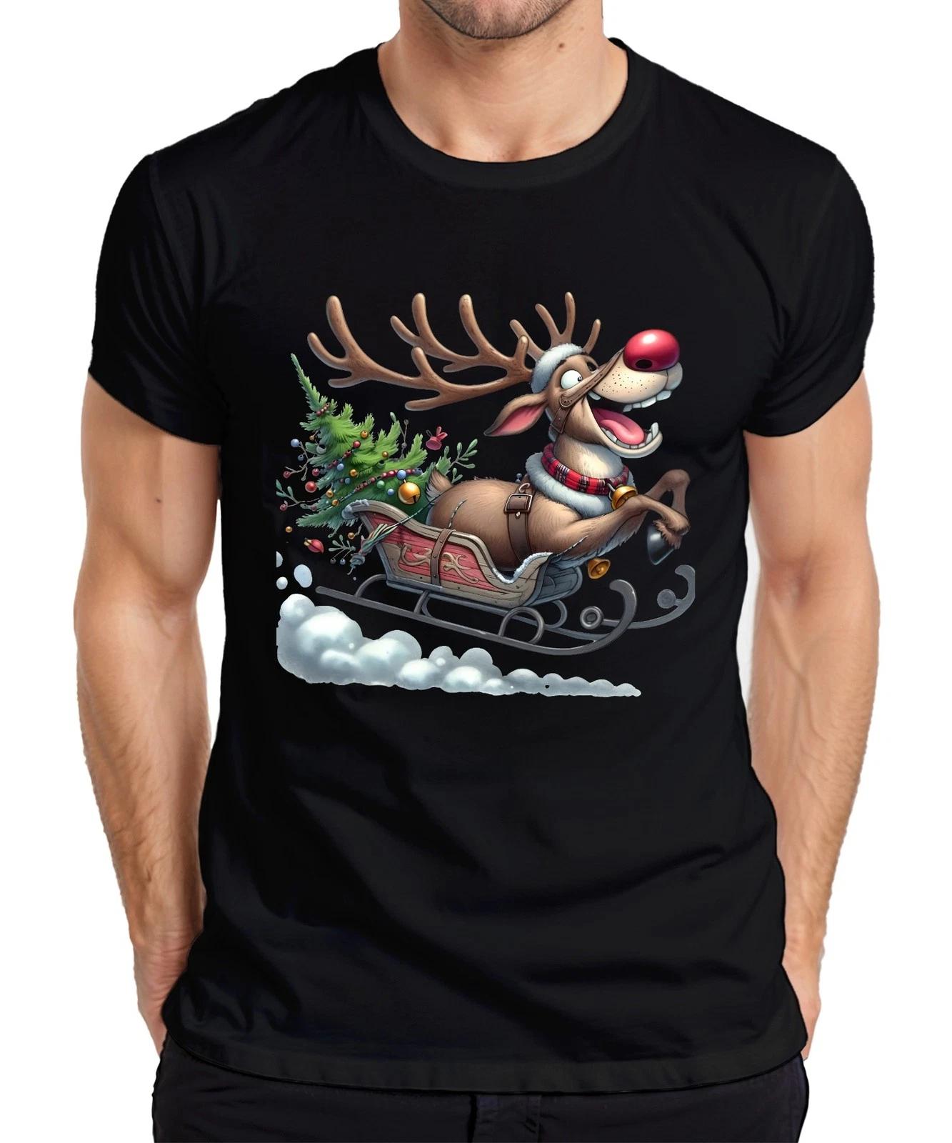 Олень Рудольф Сани Рождественская Елка Колокольчики Мультяшная Забавная Мужская Футболка- S