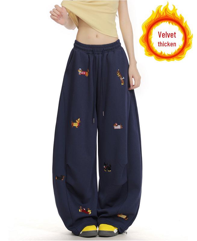 

American Fun Sausage Dog Embroidery Women s Loose Wide-Leg Casual Pants Small темно-синий