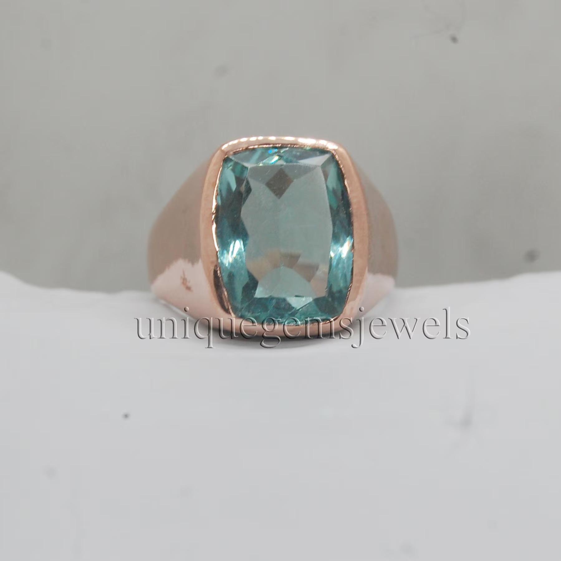 

Cushion Cut Aquamarine Quartz 925 Sterling Silver Rose Gold Fill Ring Jewelry, Artisan Gift Signet Wedding Ring Jewelry 10 рожевий колір золота