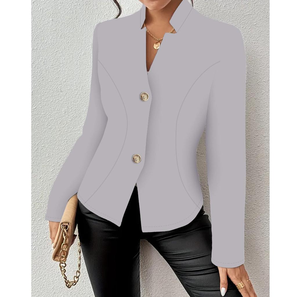 Damen Casual Einfarbig Slim Fit Zwei-Knopf-Kragen mit fehlenden Ecken Langärmliger Sakko