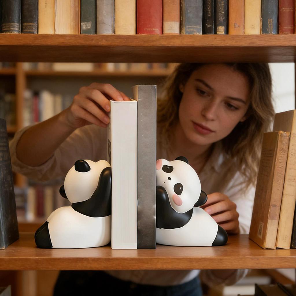 2pcs Cute Panda Bookends Resin Animal Book Ends For Shelves Desk, Home Office Library Decor, Desktop Bookshelf Organizer