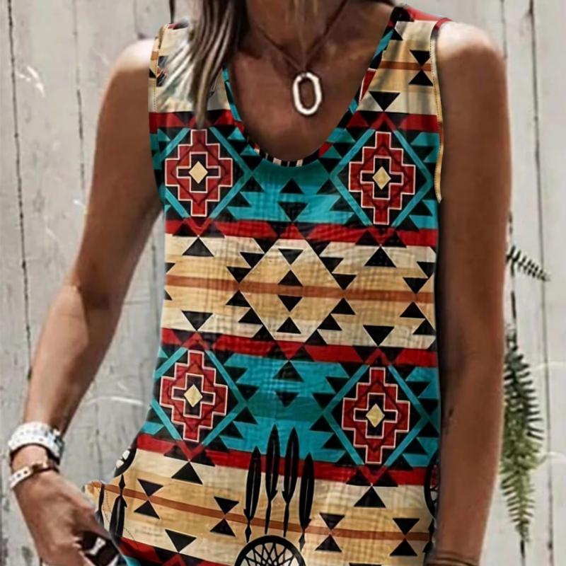 Boho Tribal Native American Geometric Arrow Dreamcatcher Graphic Sleeveless Loose Fit Tank Top For Women XL