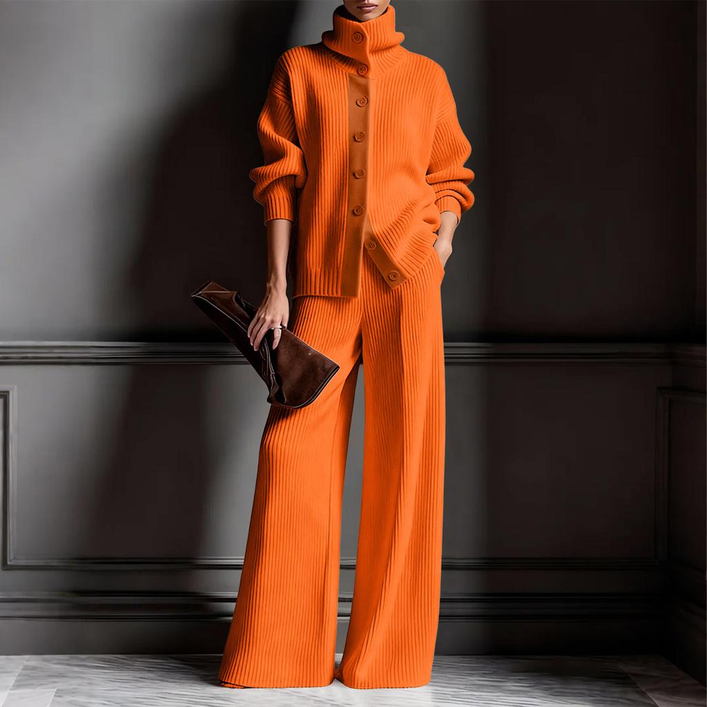 Women's High-Neck Color Cardigan Long-Sleeved Top And Wide-Leg Pants Knit Two-Piece Set