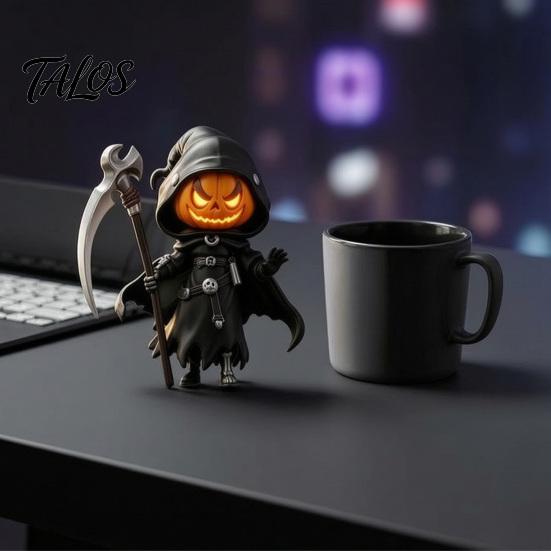 Integrated Resin Craft Ornaments Halloween Pumpkin Reaper Statue, Hooded Ornament, Black Robe Figurine Detailed Statue with Sickle Desktop Decor