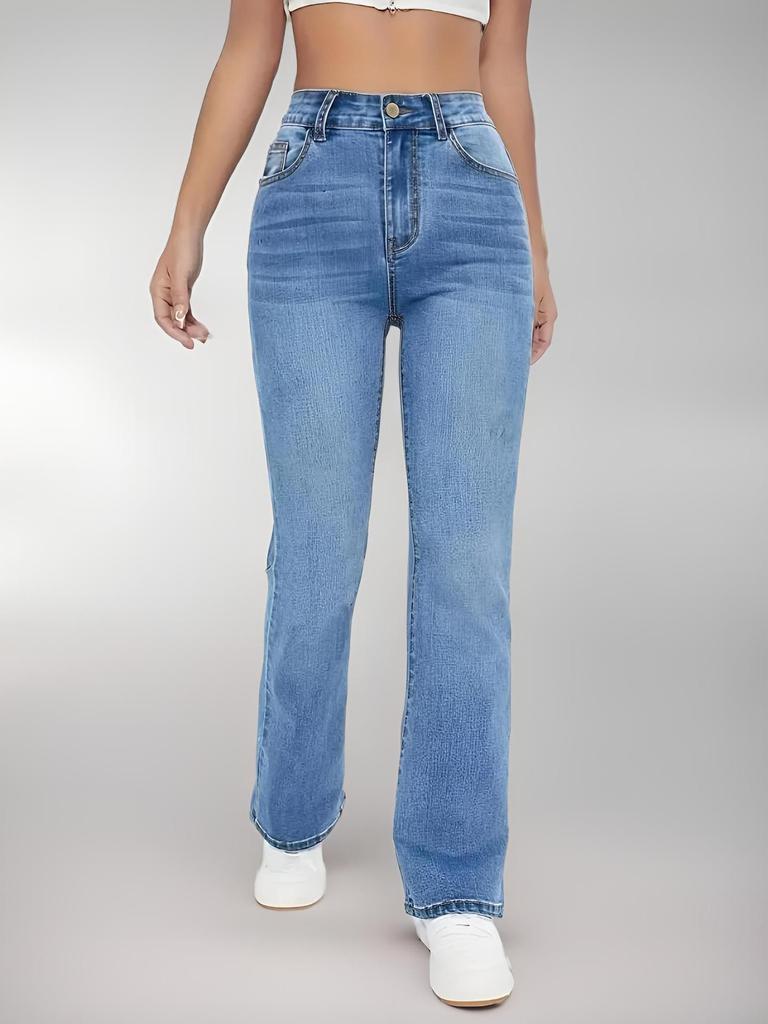 2025 Women's High-Waisted Micro-Flare Light Blue Jeans - Slimming and Flattering European and American Style Long Pants