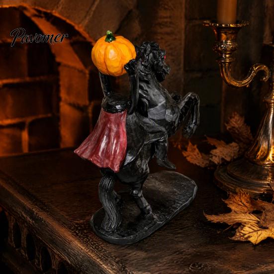 Indoor Scary Figurine Halloween Headless Horseman Statue, Vintage Bronze Textured Resin Gothic Horror Figurine, Stable Base Sculpture for Home