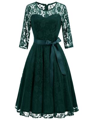 Robe de Soirée Étoilée en Dentelle pour Fête, Ruban de Climatisation, Parfaite pour et Spéciale, Taille M Sombre, Robe Femme, Longueur Genou, Manches 3/4, Doublée, Sûre, Attache,