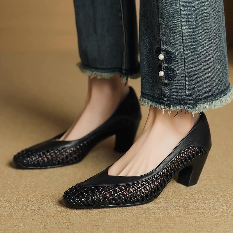 Fashion Retro Hollow Woven Low Heel Pumps Women Elegant Square Toe Thick Bottom High Heels Concise Comfortable Commuting Office Shoes